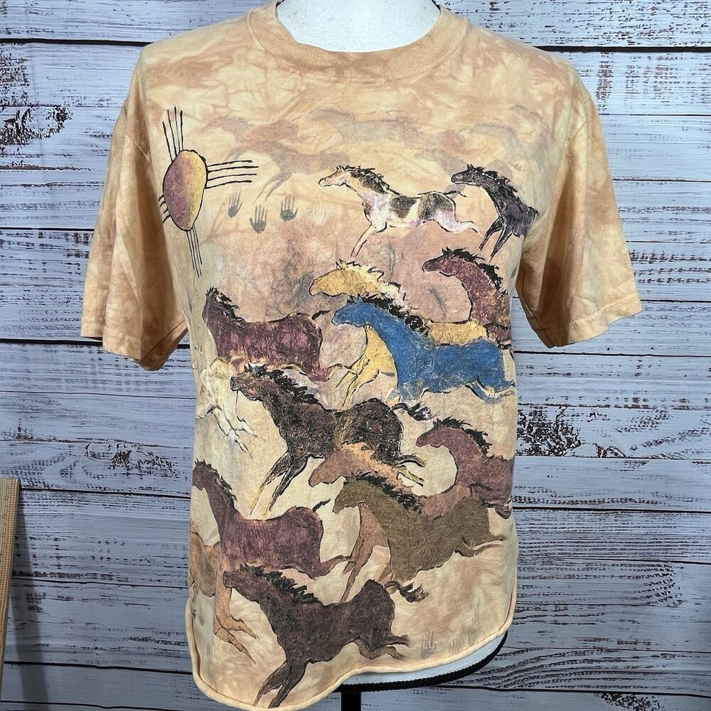 Vtg The Mountain Shirt Small Ginny Hogan Ancient Horses Dyed USA Mexico Cut Hem